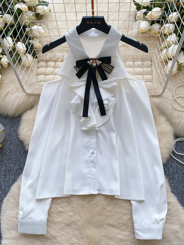 Ruffled Front Decorative Bow Elegance Blouse