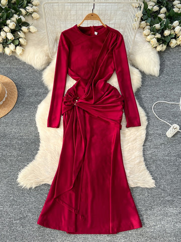 Knot Waist Long Sleeves Red Dress