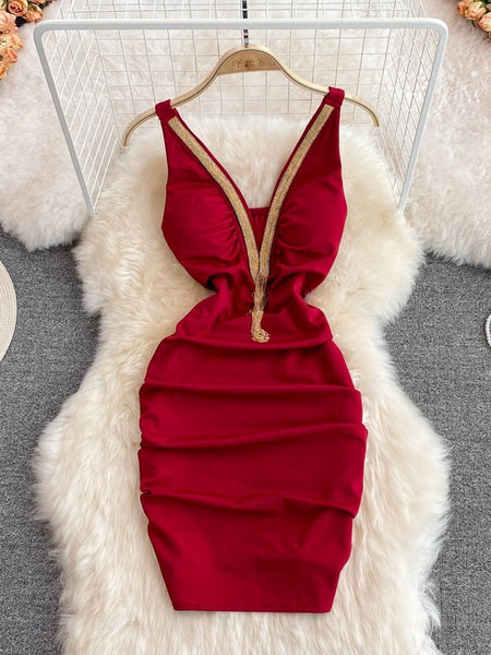 V Neck Bold Red Bodycon Dress