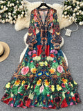 Cut Outs Colorful Floral Print V  Neck Maxi Dress