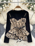 Leopard Print Peplum Chain Black Blouse