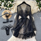 Elegant Black Sheer Polka Dot Robe