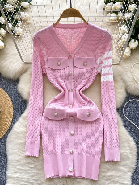 Pearl Buttons Long Sleeves Pink Knit Cardigan Dress