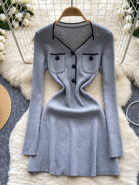 Slim-Fit Design Gray Knit Dress