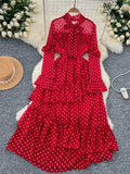 Bow-Tie Ruffled Red Polka Dot Layered Maxi Dress