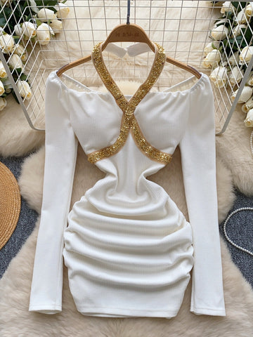 Gold-Embellished Criss-Cross Halter White Dress