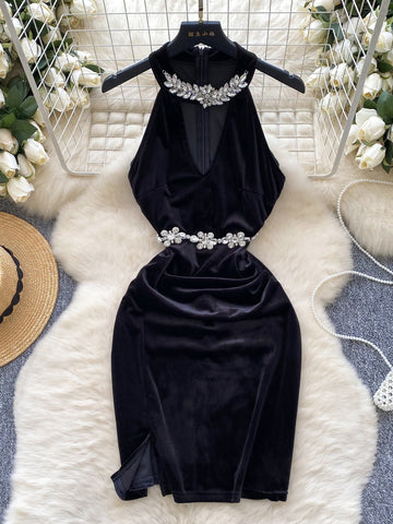 Sparkling Floral Embellishments Black Velvet Dress