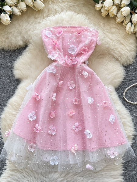 Adorable Pink Flower Embellished Sleeveless Dress