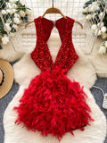 Feather Red Sequin Embellished Sleeveless Dress