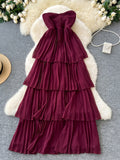 Cascading Pleated Layers Strapless Burgundy Dress