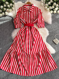 Stripes Red White Shirt Midi Dress