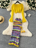 Bright Yellow Sweate Colorful Knit Skirt Set