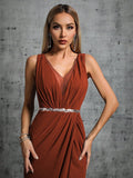 Brown V Neck Chiffon Belt Prom Dress