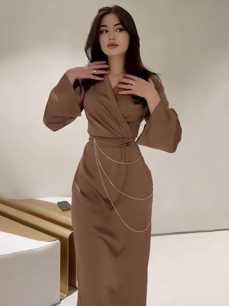 Coffee Brown Long Sleeves Pleated Bodycon Dress