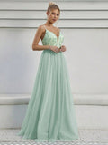 V Neck Backless Applique Tulle Prom Dress