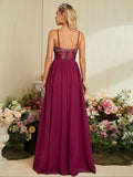 Burgundy Chiffon A Line Sheer Lace Prom Dress With Slit