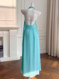 Blue Chiffon Halter Pleats Party Dress