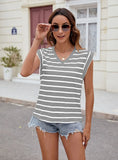 V-NECK STRIPED SHORT SLEEVE LOOSE T-SHIRT