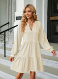 SOLID COLOR V-NECK PLEATED LONG SLEEVE DRESS