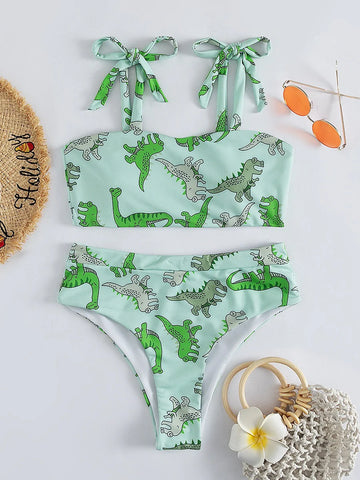 DINOSAUR PRINTED HIGH WAIST TWO-PIECE BIKINI