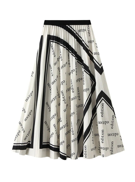 Elastic Waist Pleated Letter Printed Skirt