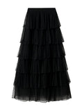 Women Elastic Waist Mesh Pleats Cake Skirt