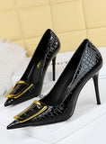 SHALLOW-MOUTHED POINTED METAL BUCKLE HIGH HEELS