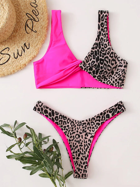 SEXY CONTRAST STITCHING LEOPARD BIKINI