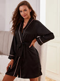 LAPEL PAJAMAS IMITATION SILK BELT ROBE