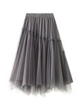 Elastic Waist Beaded Solid Color Long Mesh Skirt