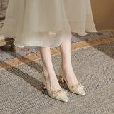 SQUARE-HEADED THICK-HEELED BEADED WEDDING SHOES