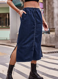 Semi Elastic Waist Drawstring Medium Long Skirt