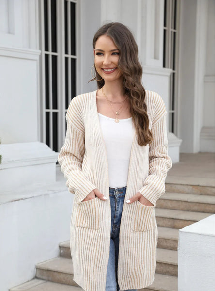 Rib Cardigan Pocket Solid Color Knitted Sweater Coat