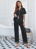 FASHION PLAID TOP SHORT SLEEVE TROUSERS PAJAMAS SUIT