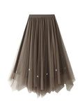 High Waist Slim Irregular Pleated Beaded Gauze Skirt