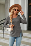 SQUARE NECK BUTTON SPLIT LOOSE LONG SLEEVE T-SHIRT