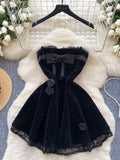 Lace Trim Bows Sparkle Black Velvet Dress