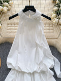 Halter Cascading Ruffles White Dress