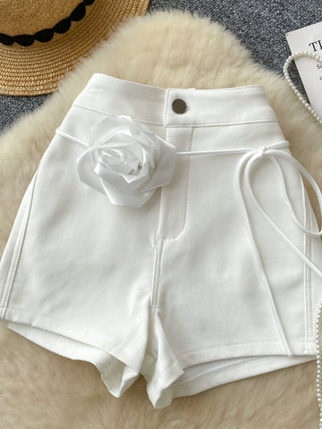 Rose Embellishment High-Waisted Shorts