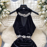 Sparkling Floral Embellishments Black Velvet Dress