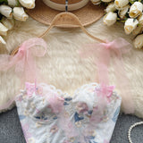 Delicate Pink Ribbon Straps Floral Bustier Top