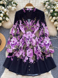 Long Sleeve Vibrant Purple Flowers White Dress