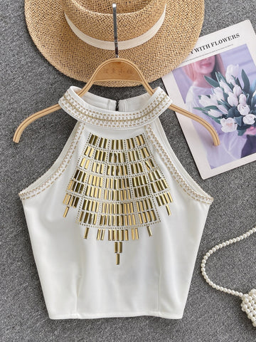 Gold Embellishments  High-Neck White Top