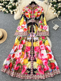 Stand Collar Belt Floral Printed Maxi Dress