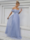 Blue Off The Shoulder Appliques Prom Dress