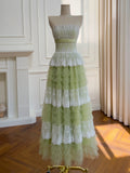 Green Tulle A Line Ruffles Lace Party Dress