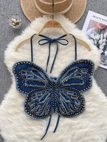 Intricate Beadwork  Denim Butterfly Halter Top