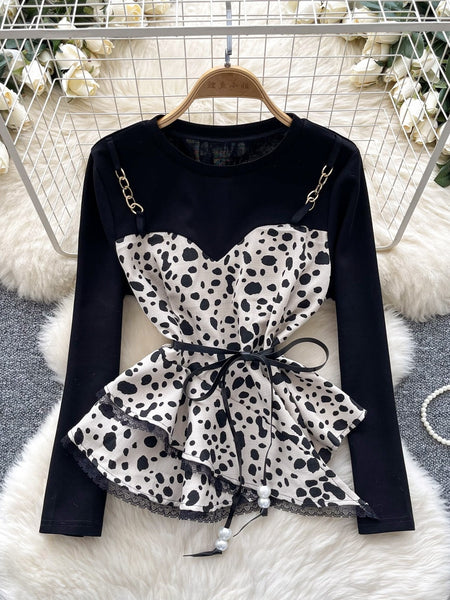 Leopard Print Peplum Chain Black Blouse