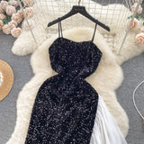 Contrasting White Ruffled Hem Black Sequin Gown