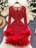 Rhinestones Feathers Vibrant Pink Party Dress